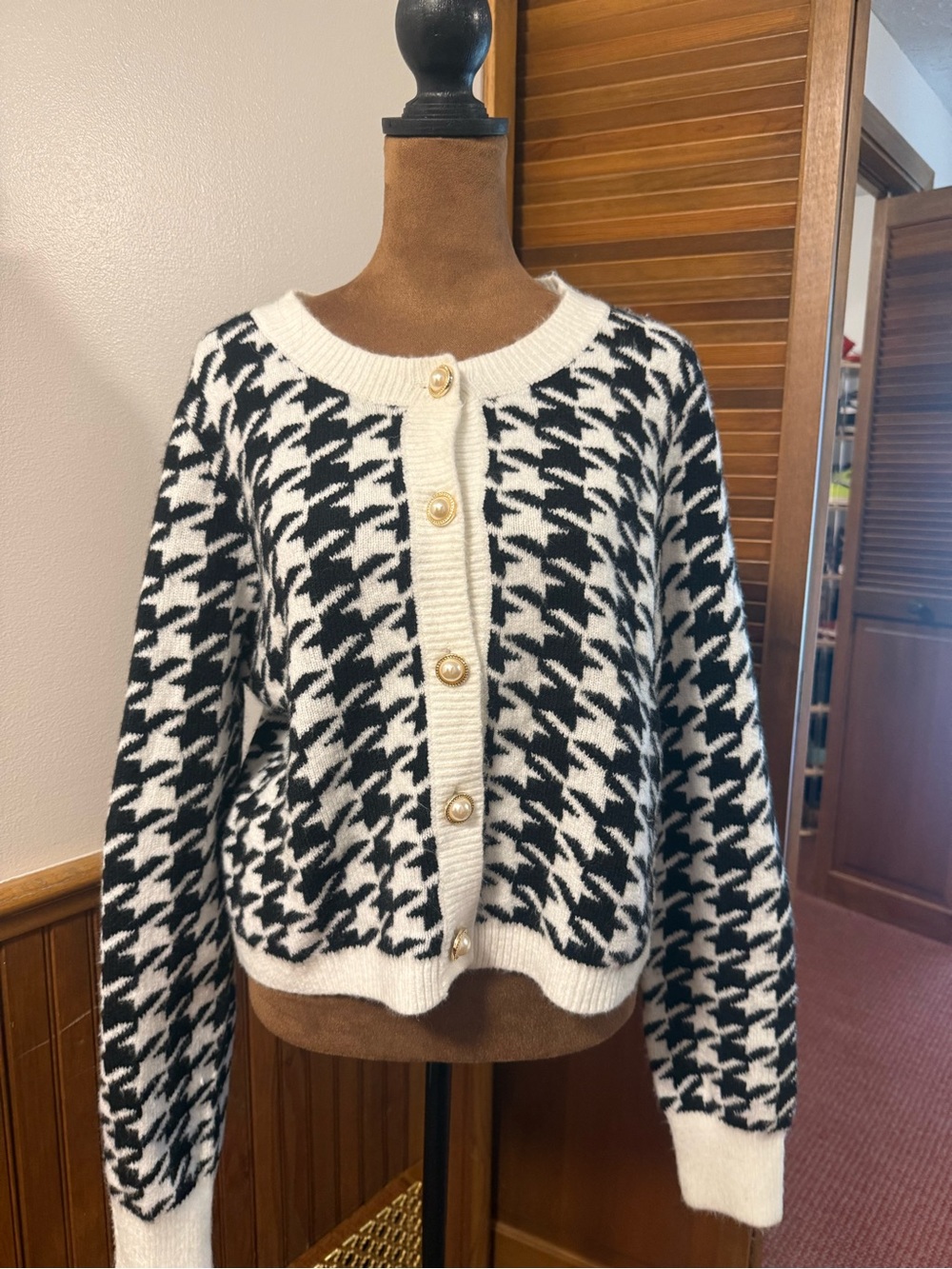 William Rast Black and White Houndstooth Cardigan with Gold Buttons